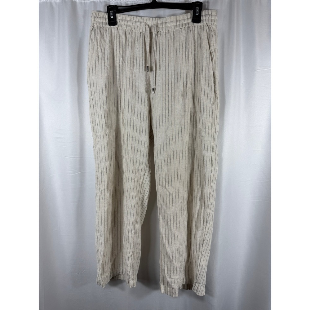 ZARA Linen Blend Striped Drawstring Waist Wide Leg Pants‎ Women L Beige Black